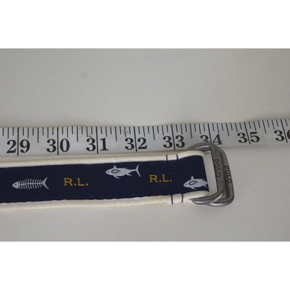 Ralph Lauren Polo Youth Belt Sharks Fish Bones Ribbon Double D Ring 33